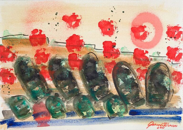 Campane e lanterne rosse acrilico su carta di amalfi, cm35x50, Gerardo Marazzi