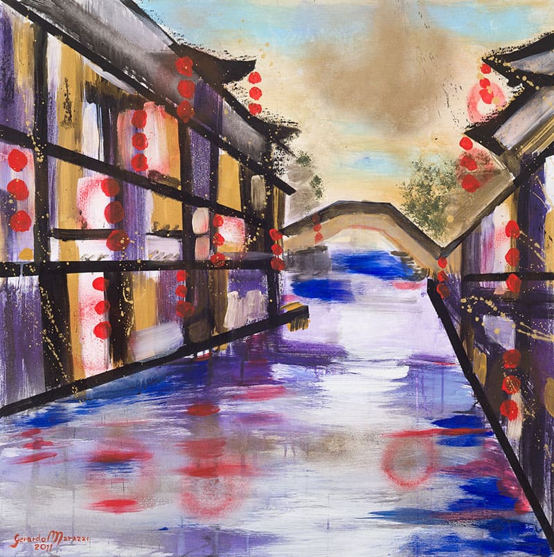 Canale di Suzhou, acrilico su tela, cm102x102, Gerardo Marazzi